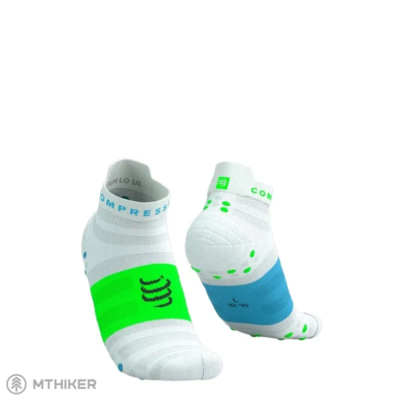 Hit Sezóny COMPRESSPORT Pro Racing Socks v4.0 Ultralight Run Low ponožky, bílá/norská blue/neon green