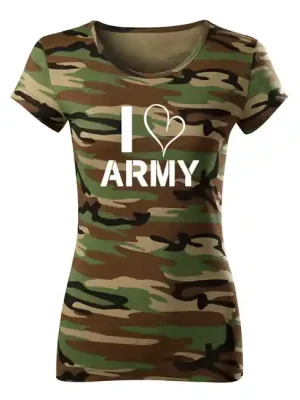 DRAGOWA dámské krátké tričko i love army, maskáčová 150g/m2 Speciální Cena