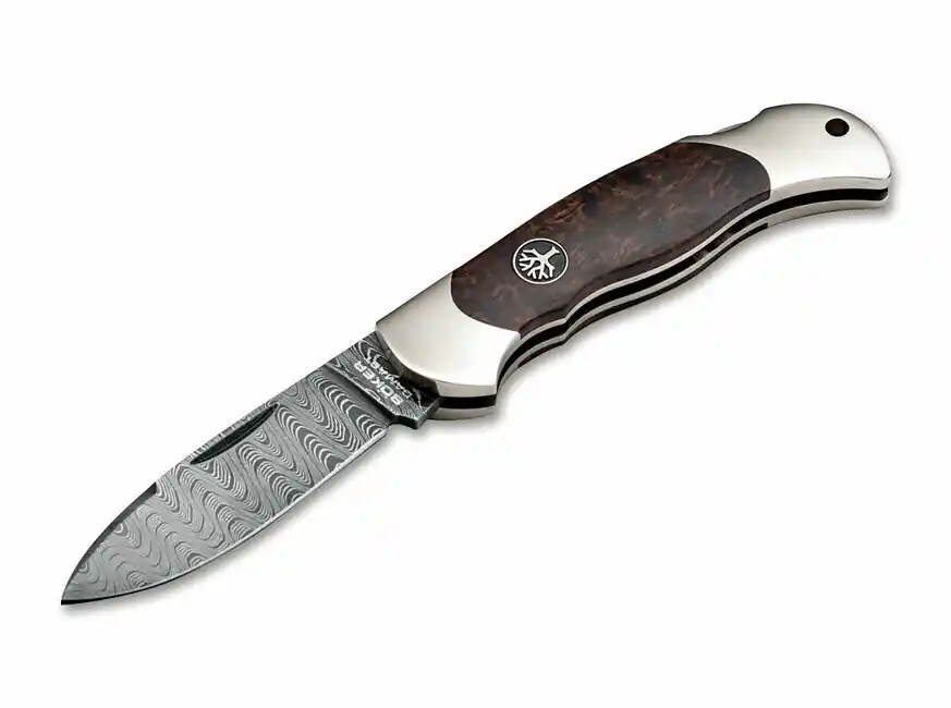 Značkový Kapesní nůž Böker Junior Scout Spearpoint Curly Birch 7 cm, damašek, kudrnatá bříza