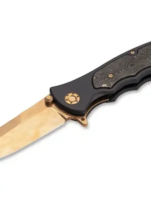 Horká Nabídka Böker LEOPARD-DAMAST III GOLD sběratelský nůž 9,5 cm, zlatá barva, černá barva, hliník
