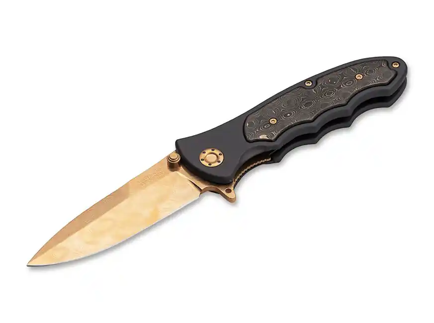 Horká Nabídka Böker LEOPARD-DAMAST III GOLD sběratelský nůž 9,5 cm, zlatá barva, černá barva, hliník