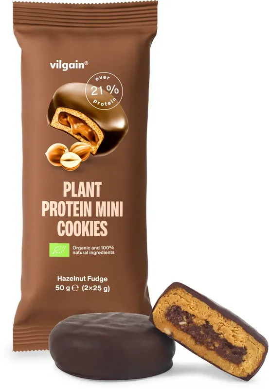 Nová Kolekce Vilgain Plant Protein Mini Cookies BIO - Lískooříškový fondán 50
